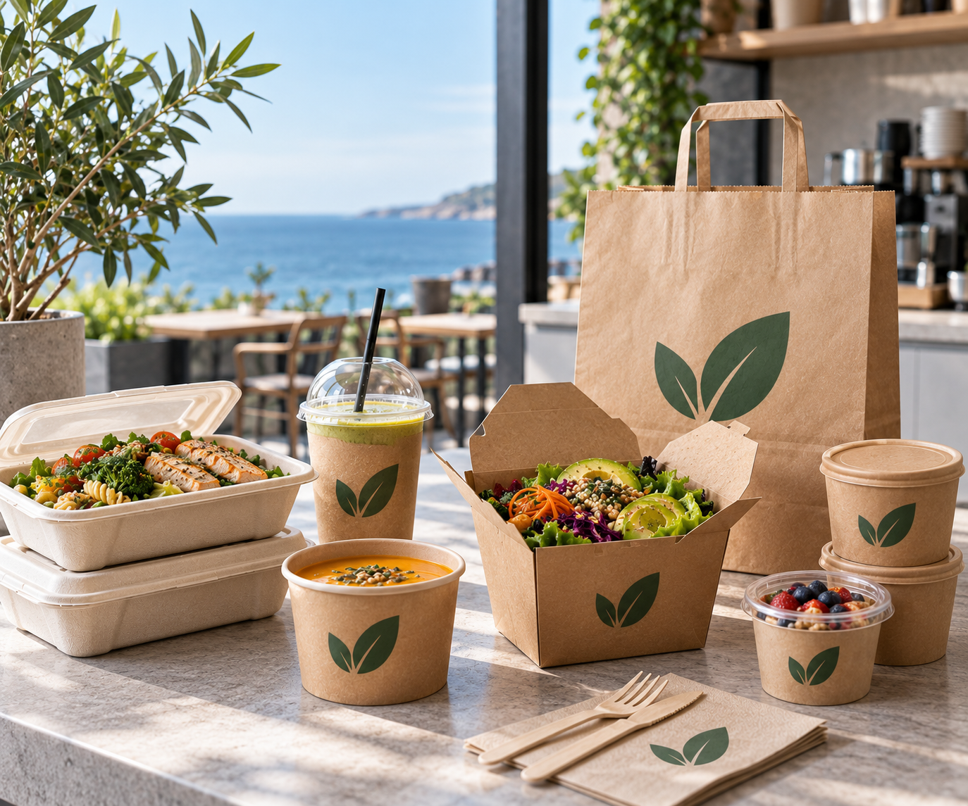Green Box takeaway containers, cups and paper bags